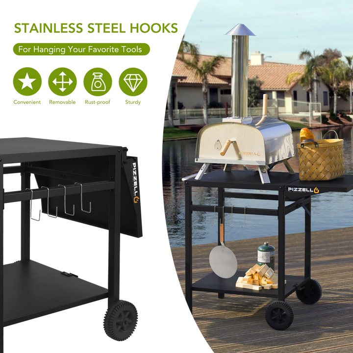 Three-Shelf Outdoor Grill Dining Cart Movable BBQ Trolley with Two Wheels Pizzello Color: Black/Stainless Steel